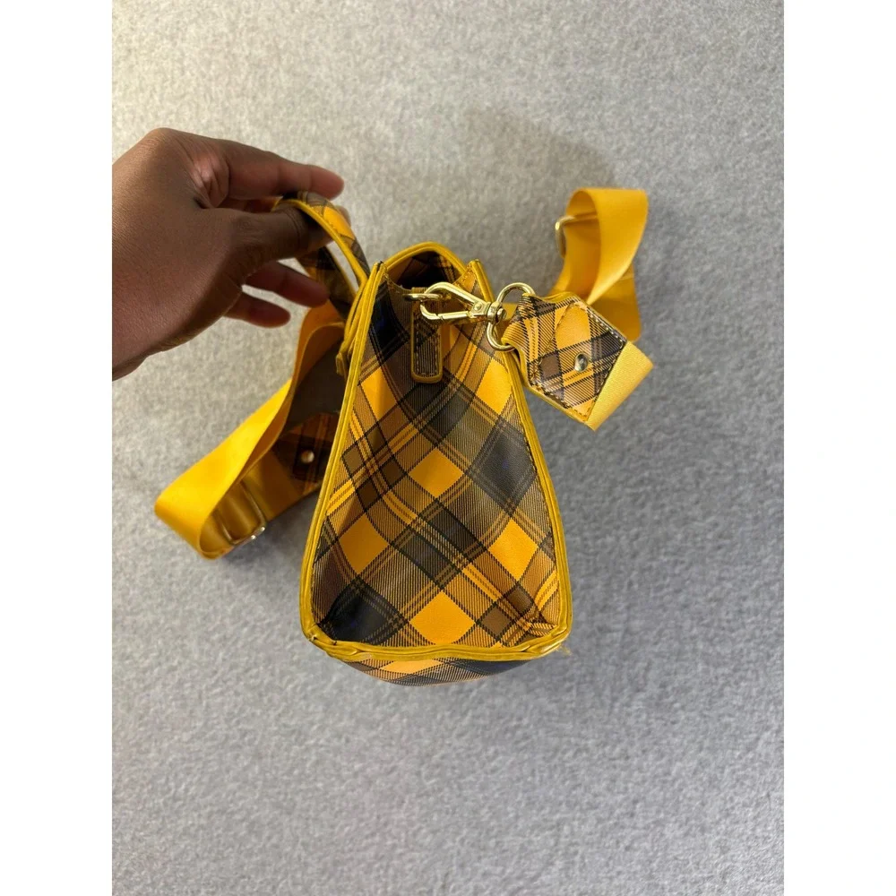 Yellow Plaid Crossbody Satchel Bag Gold Hardware Adjustable Strap Top Handle - Picture 14 of 16